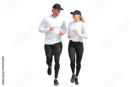 Happy couple running together wearing athletic clothing isolated on transparent background