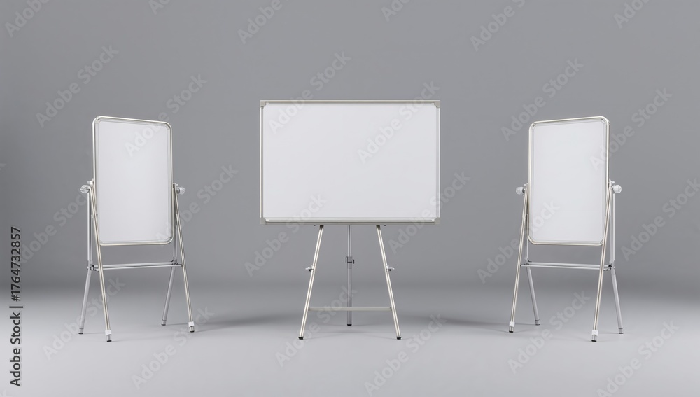 Fototapeta premium Three empty whiteboards alongside a blank directional sign.