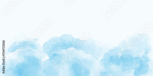 Blue watercolor abstract background, form, design element. Colorful hand painted texture, wash. Clouds, sea, water texture. Frame, place for text. Soft blue gradient. Snowdrifts