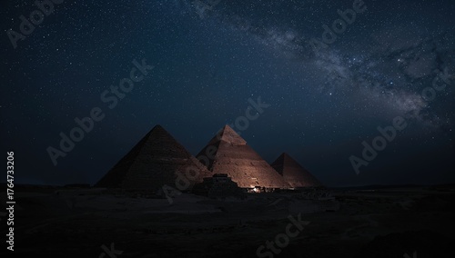 Three pyramid structures created using generative AI methods rise in a valley beneath a sky full of stars.