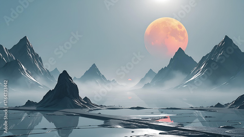 Wallpaper Mural A surreal landscape where abstract geometric shapes rise like mountains under a shimmering metallic sky. Reflective surfaces distort the strange horizon, while glowing orbs drift lazily through the ai Torontodigital.ca