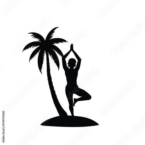Silhouette of a yoga pose on a tropical island with palm tree, yoga pose with palm tree silhouette vector illustration