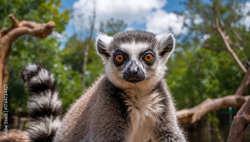 Portrait of a cute ring-tailed lemur in a natural forest setting
