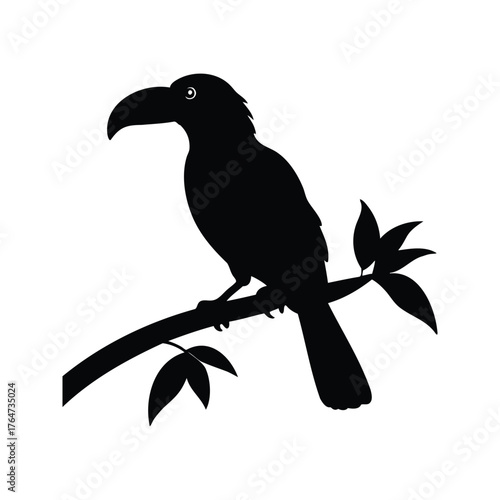 Silhouette of a magnificent hornbill bird perched gracefully on a leafy branch, jungle bird perched silhouette vector illustration