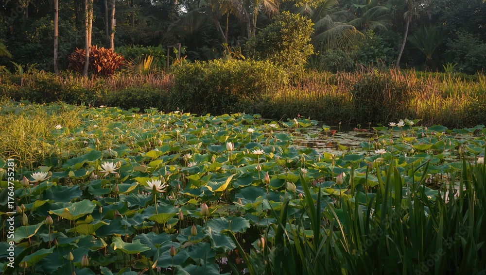 Obraz premium Lush aquatic scenery featuring lotus and water plants in a tropical setting