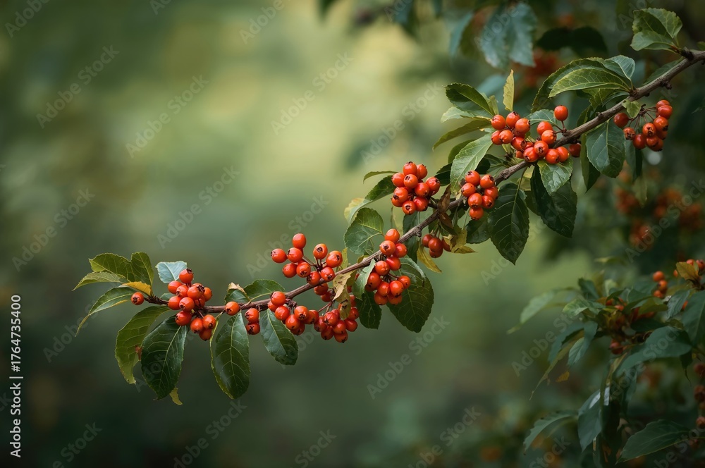 Obraz premium Viburnum branch with clusters of red and orange berries surrounded by lush green leaves