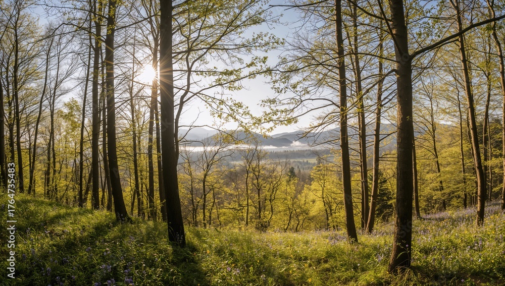 Fototapeta premium Springtime splendor of a lush forest with vibrant green leaves and trees