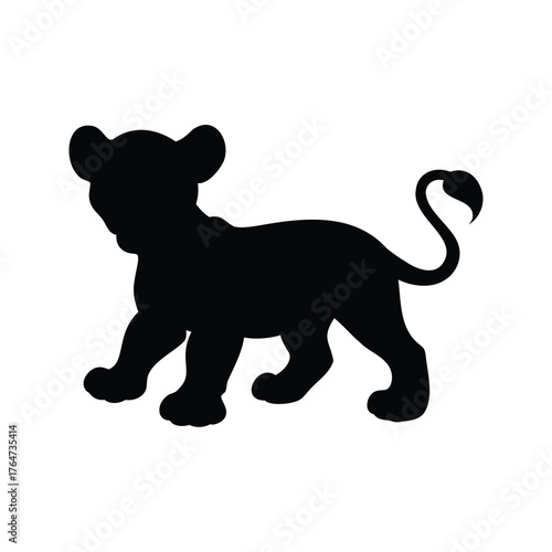 Silhouette of a young lion cub walking with a curly tail up, lion cub playing silhouette vector illustration