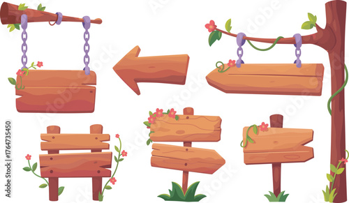 Colorful cartoon wooden signboard collection with flowers, moss, and arrows, playful nature themed direction and decorative game design elements