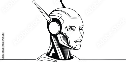 Modern robot head with futuristic design and intelligent gaze, symbolizing AI and innovation, robot, ai, artificial, intelligence, future, technology, futuristic, machine, cyber, android, humanoid