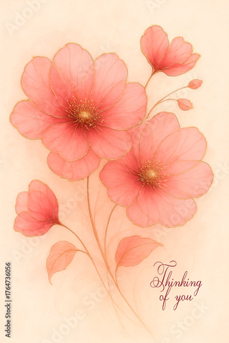 Thinking of you - card.  Vintage background with pink flowers.