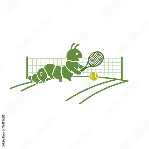 Playful caterpillar playing tennis with a racket on a court in a fun cartoon style