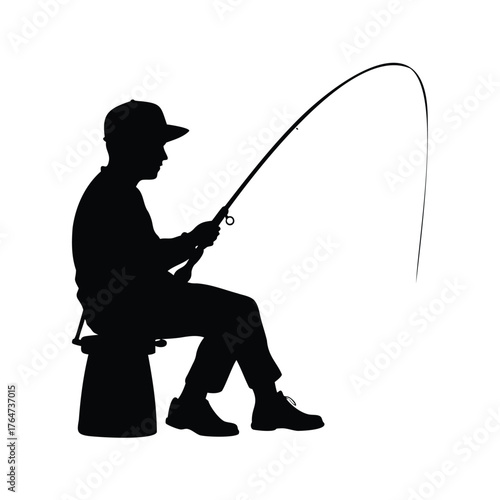 Silhouette of a seated fisherman with bent fishing rod against white background, person fishing silhouette vector illustration