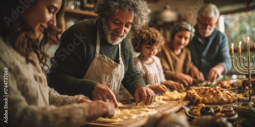 Multigenerational family cooking hanukkah meal together