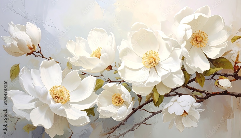Obraz premium Digitally painted image of pristine white flowers, featuring delicate petals and a soft gradient background