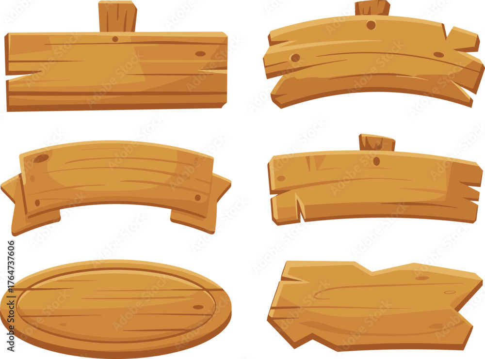 Naklejka premium Set of wooden signboard illustrations with different shapes and textures, rustic wood planks, empty signage design elements on white background
