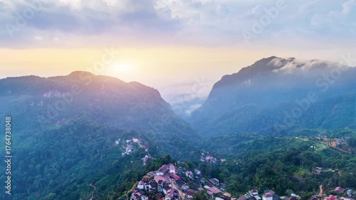 Aerial view of Pha hi village at sunrise, Chiang Rai, Thailand.