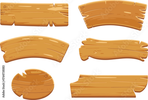 Set of wooden signboard illustrations with different shapes and textures, rustic wood planks, empty signage design elements on white background