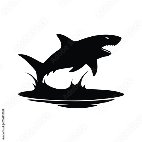 Silhouette of a shark jumping out of the water with its mouth open, shark breaching water silhouette vector illustration