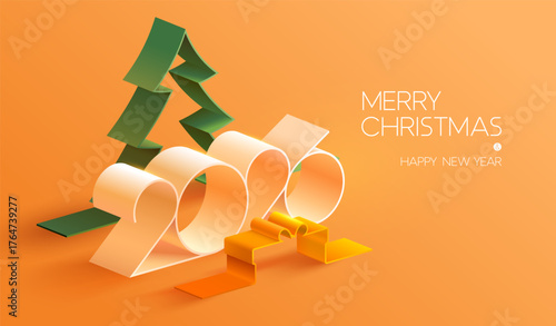 Christmas greeting card design with  white date 2026, gift box and fir tree.  Festive 3D isometric illustration
