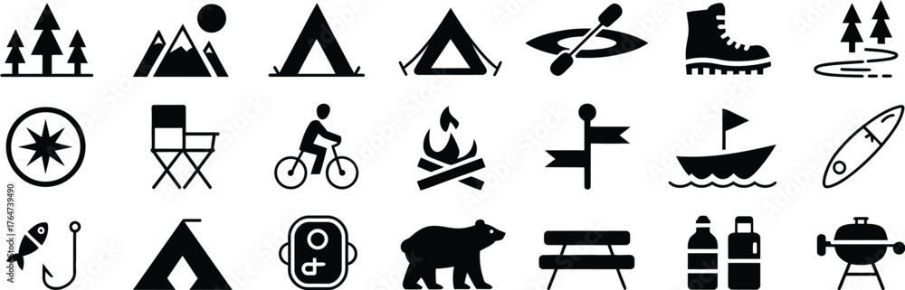 Fototapeta premium Camping and outdoor adventure glyph icon set, black silhouette vector pictograms of tent, backpack, campfire, compass, kayak, hiking, travel, wilderness exploration, and eco-tourism symbols for advent