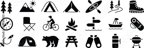 Camping and outdoor adventure glyph icon set, black silhouette vector pictograms of tent, backpack, campfire, compass, kayak, hiking, travel, wilderness exploration, and eco-tourism symbols for advent