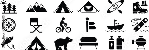 Camping and outdoor adventure glyph icon set, black silhouette vector pictograms of tent, backpack, campfire, compass, kayak, hiking, travel, wilderness exploration, and eco-tourism symbols for advent