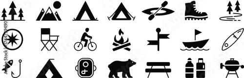 Camping and outdoor adventure glyph icon set, black silhouette vector pictograms of tent, backpack, campfire, compass, kayak, hiking, travel, wilderness exploration, and eco-tourism symbols for advent