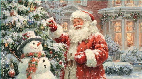 happy santa claus is decorating the christmas tree outdoor