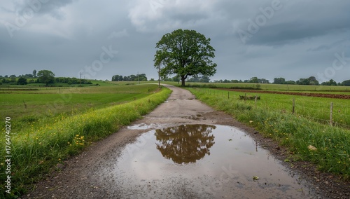 Countryside trail featuring a water-filled dip and a far-off linden tree