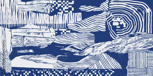 Hand drawn abstract collage pattern inspired by Japanese art, featuring bold brush lines, textured strokes, and organic shapes in indigo and white for a wabi sabi aesthetic.
