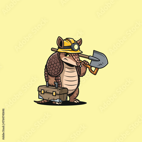 Armadillo Miner with Hard Hat and Shovel Ready for Work.