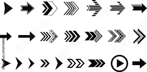 Arrow icon vector set, black directional symbol illustrations, graphic navigation elements, right-pointing design assets, minimal interface graphics, printable UI tools