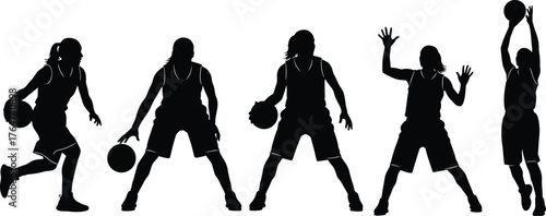Basketball player silhouette vector set, action pose icons, black sports figures for athletic design, training illustration, fitness movement graphic bundle