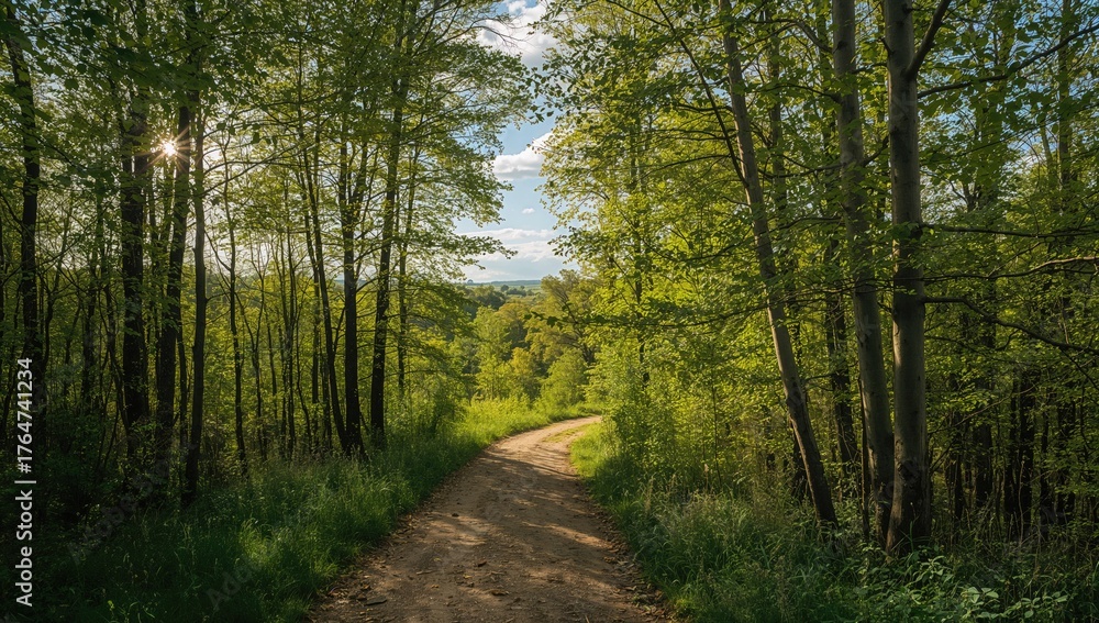 Fototapeta premium Sunlit Trail Winding Through a Springtime Woodland