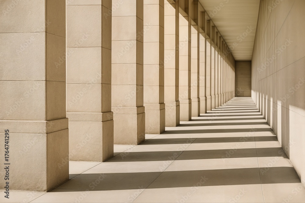 Obraz premium Colonnade With Long Shadows In An Architectural Setting Under Natural Light, Featuring Repeated Patterns And Symmetry In An Open Hallway