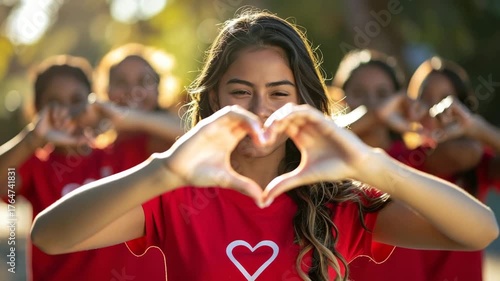Group of Volunteers Wearing Matching Red Shirts with a Heart Logo, Community-Driven Service in Natural Light