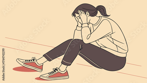 Sad woman sitting on the floor with her head in her hands.