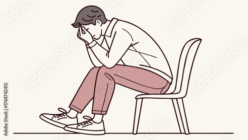 A man sits on a chair, head in hands, expressing feelings of stress and worry.