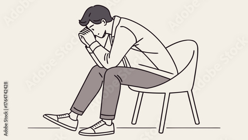 A sad young man sits in a chair with his head in his hands, feeling stressed, depressed, and lonely.