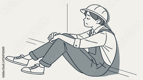 Illustration of a tired and dejected construction worker in a hard hat sitting on the ground.