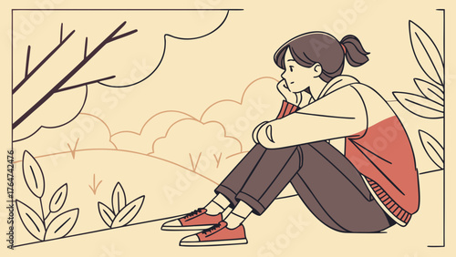 A young woman with her hair in a ponytail, wearing a hoodie and pants, sits outdoors and looks thoughtfully into the distance.