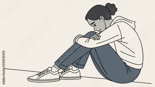 An illustration of a sad and lonely young person sitting on the ground with knees hugged to chest, head bowed in distress.