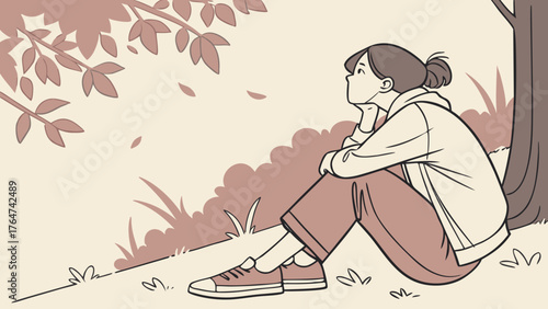 A young woman sits under a tree, lost in thought, with falling leaves around her.