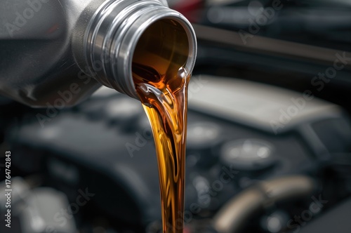 Close-up of motor oil pouring from a bottle's spout