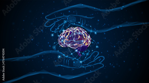 Abstract hand is holding an artificial neural network or artificial intelligence brain. Digital brain science for future learning. modern technology innovation concept background	