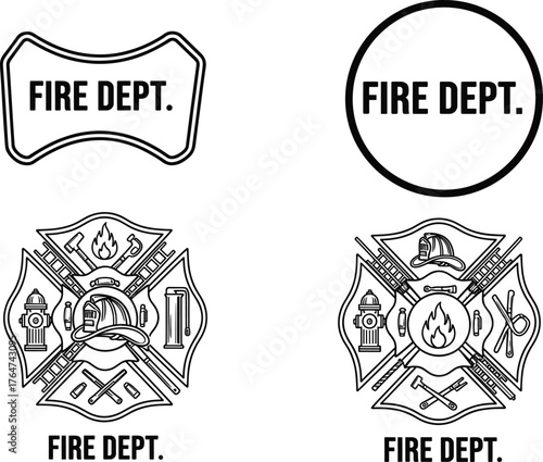 Fire department emblem set, firefighter badge collection, Maltese cross icons, rescue symbols, emergency service logo design, vector illustration for safety branding