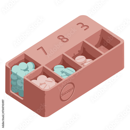 A modern pink daily pill organizer, filled with colorful medication, symbolizes disciplined health management and the strategic path to success.
