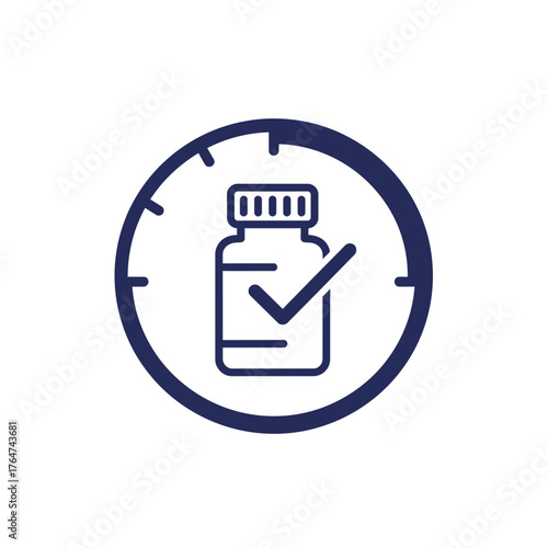 This icon depicts a medicine bottle with a checkmark inside a clock, symbolizing timely medication, accurate dosage, and health schedule management.