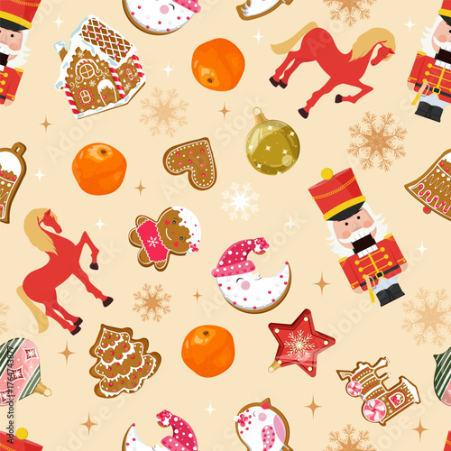 Christmas seamless pattern with a nutcracker, gingerbread cookies, and Christmas decorations. Suitable for decorating textiles and packaging. Vector illustration.